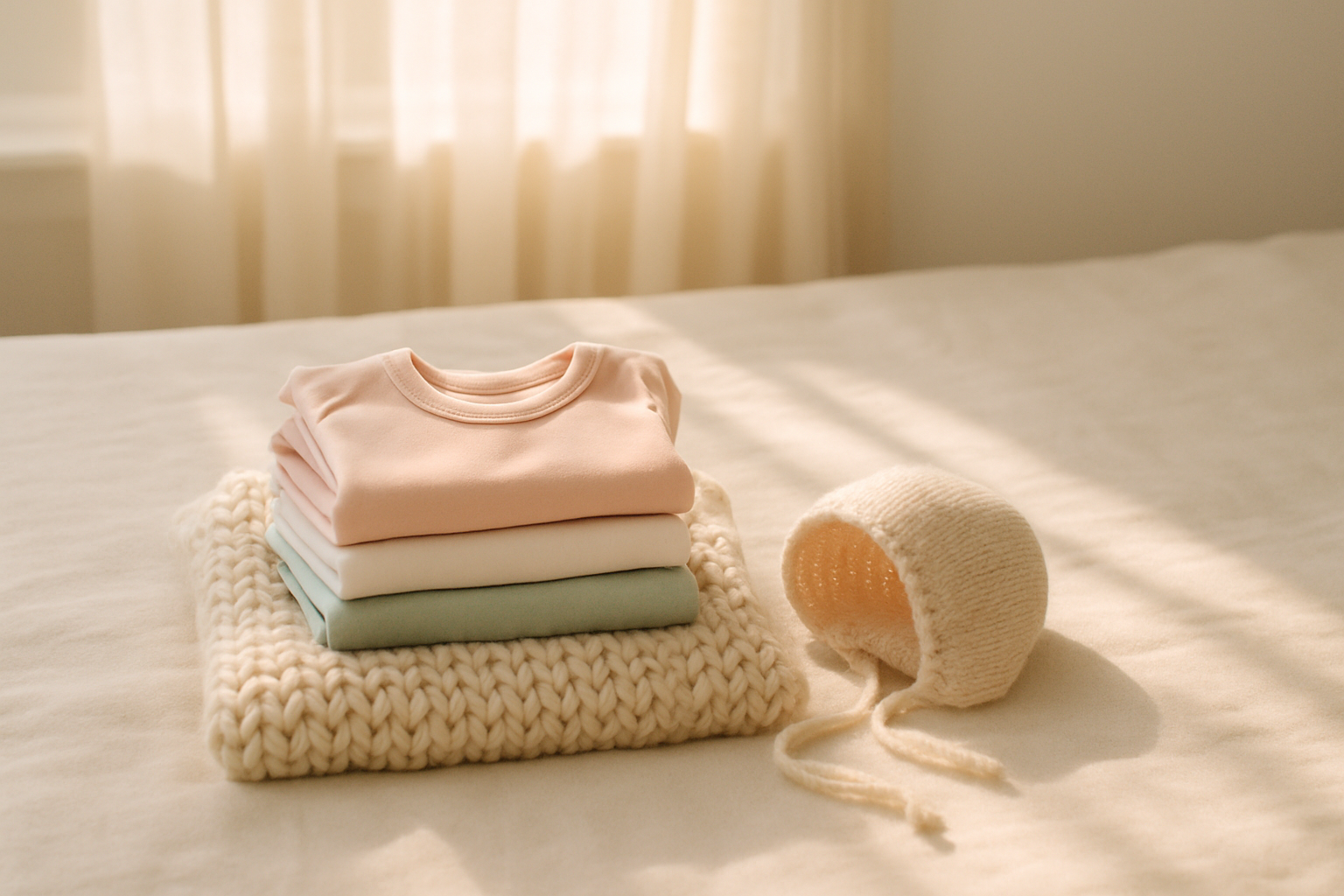 Soft, folded bamboo baby clothes in warm morning light